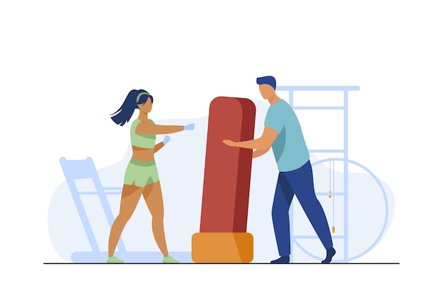 Trainer tenant un sac de boxe pour femme. Kickboxing, gym, illustration vectorielle plane athlète. Sport et entraînement