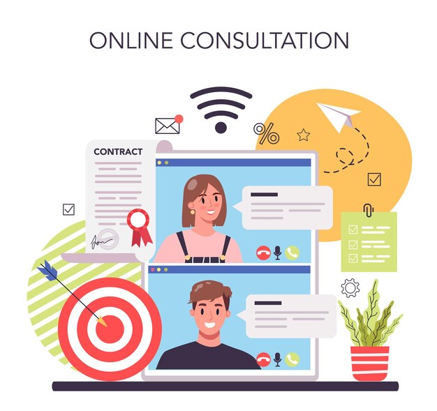 Traiter un service ou une plate-forme en ligne Contrat officiel et poignée de main commerciale Idée de coopération de partenariat et de leadership commercial Consultation en ligne Illustration vectorielle plate