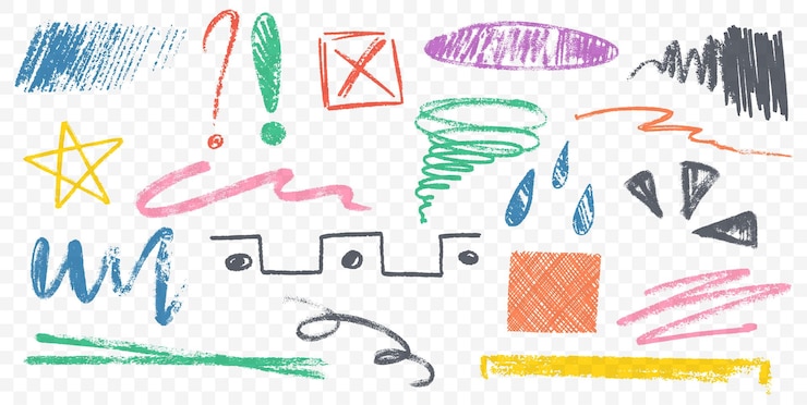 Vecteur gratuit des traits de crayon colorés à la main libre, du charbon, du crayon, des lignes bouclées et des griffons.