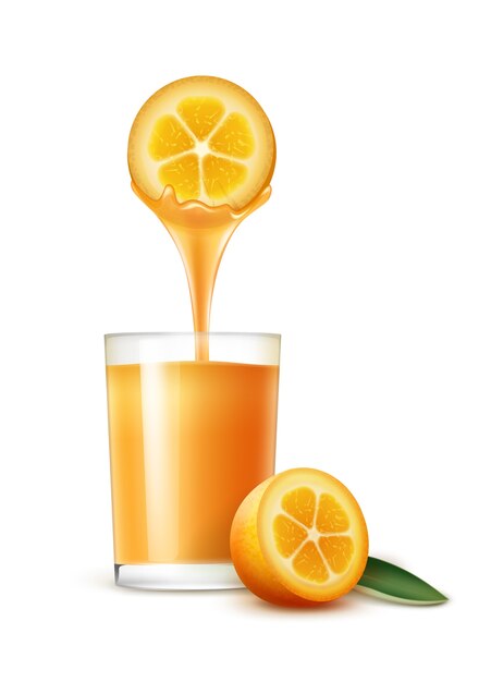 Tranche de kumquat de vecteur avec flux de jus et verre isolé sur fond blanc