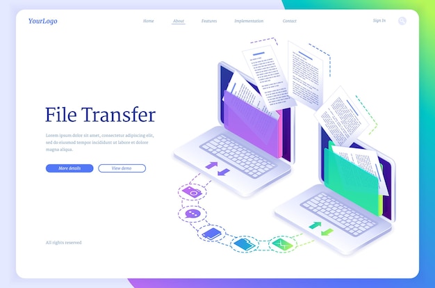 Transfert De Fichiers Page De Destination Isométrique Migration De Données Numériques Entre Les Ordinateurs Service De Transmission Pour Les Gadgets D'échange D'informations Privés Connectés Au Système De Réseau Informatique