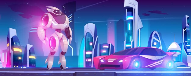 Transformateurs de robot sous forme d'androïde et de voiture dans une ville futuriste. Illustration de dessin animé de vecteur de héros robotique en métal se transformant en véhicule rouge et cyborg sur fond de paysage urbain fantastique