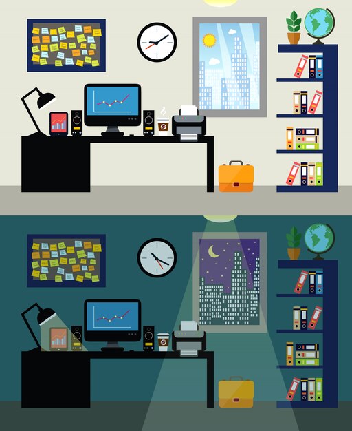 Travail de bureau vide jour et nuit avec illustration vectorielle de table de travail et étagère