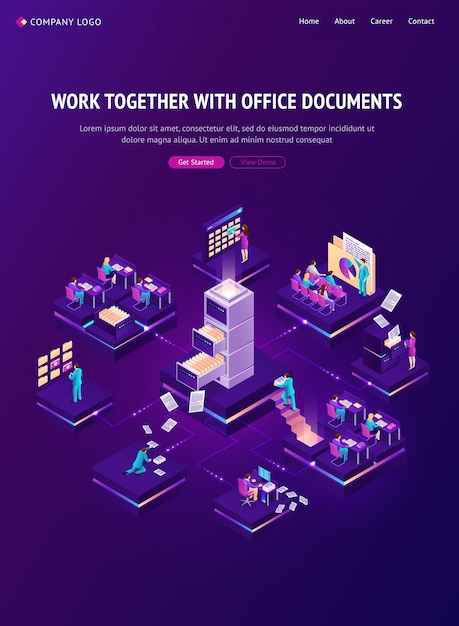 Travailler Avec Des Documents Page De Destination Isométrique, Bannière
