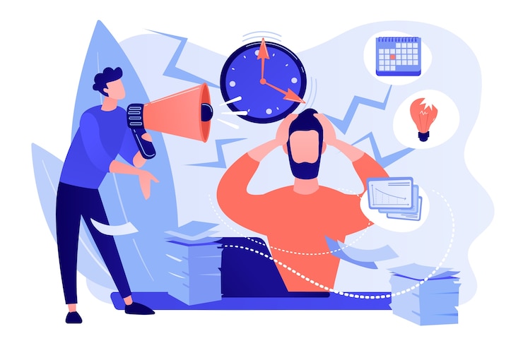 Vecteur gratuit travailleur épuisé, frustré, burnout. patron crie à l'employé, date limite. comment soulager le stress, le trouble de stress aigu, le concept de stress lié au travail. illustration isolée de bleu corail rose