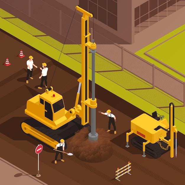 Vecteur gratuit travailleurs forant bien sur le chantier de construction en zone urbaine illustration vectorielle isométrique 3d