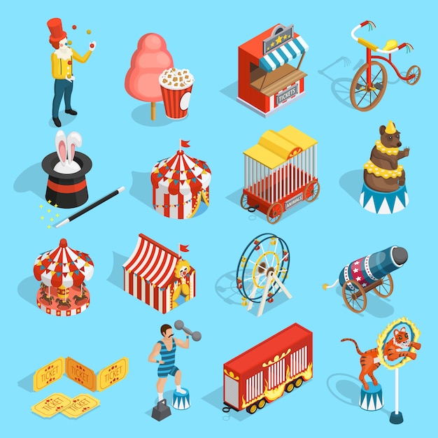 Vecteur gratuit travel circus isometric icons set