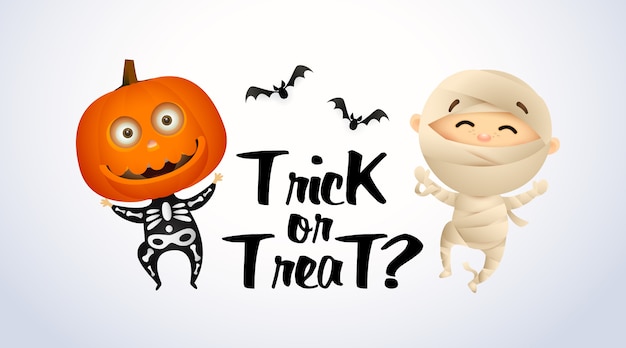 Trick or Treat lettrage avec des enfants en costumes de maman et citrouille