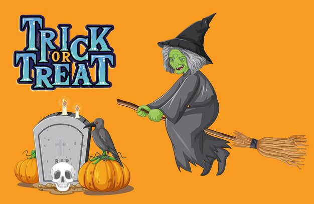 Trick or Treat texte logo avec sorcière effrayante et pierre tombale