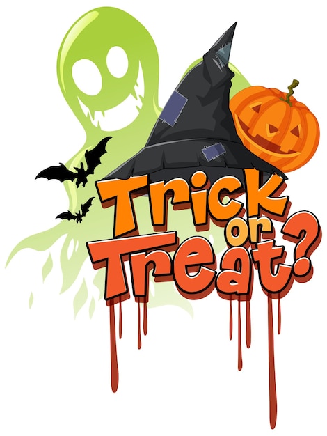 Vecteur gratuit trick or treat word logo avec chapeau de sorcière et citrouille effrayante
