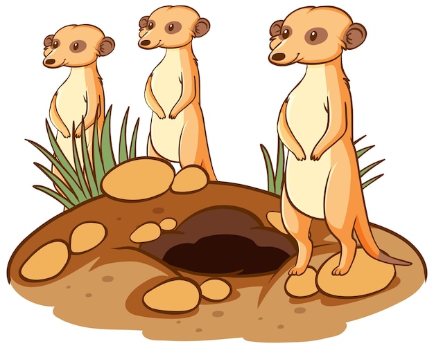 Vecteur gratuit trois animaux suricates cartoon sur fond blanc