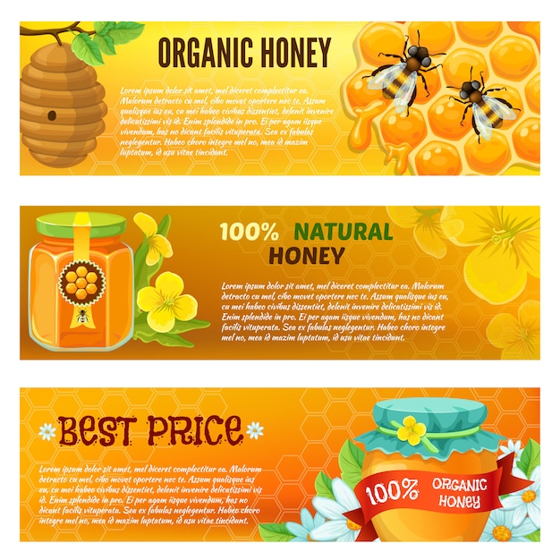 Vecteur gratuit trois bannière de miel horizontale sertie de descriptions d'illustration vectorielle de miel naturel de miel biologique