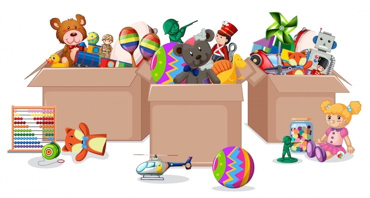 Vecteur gratuit trois boîtes pleines de jouets sur blanc