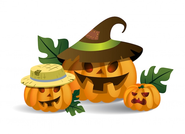 Vecteur gratuit trois citrouilles fantasmagoriques souriantes en chapeaux. personnages de dessins animés halloween