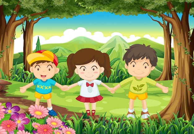 Vecteur gratuit trois enfants à la forêt