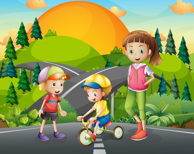 Vecteur gratuit trois enfants jouant sur la route