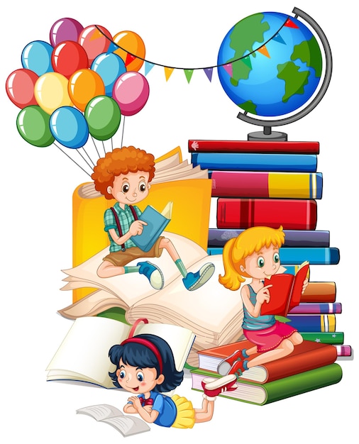 Vecteur gratuit trois enfants lisent des livres sur une pile de livres