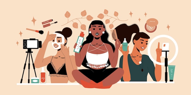 Trois Jolies Blogueuses De Beauté Enregistrant Une Vidéo Sur Les Soins De La Peau Montrant Des Produits Cosmétiques Et Des Accessoires Illustration à Plat