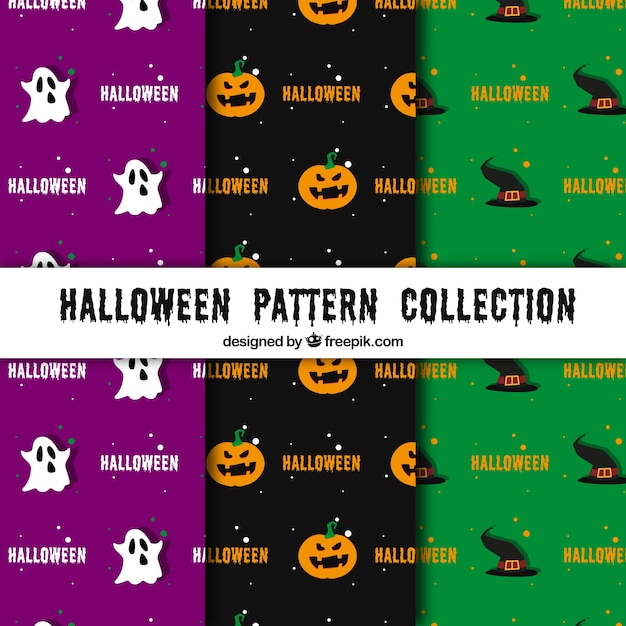 Trois Motifs De Halloween Avec Fond Violet, Noir Et Vert