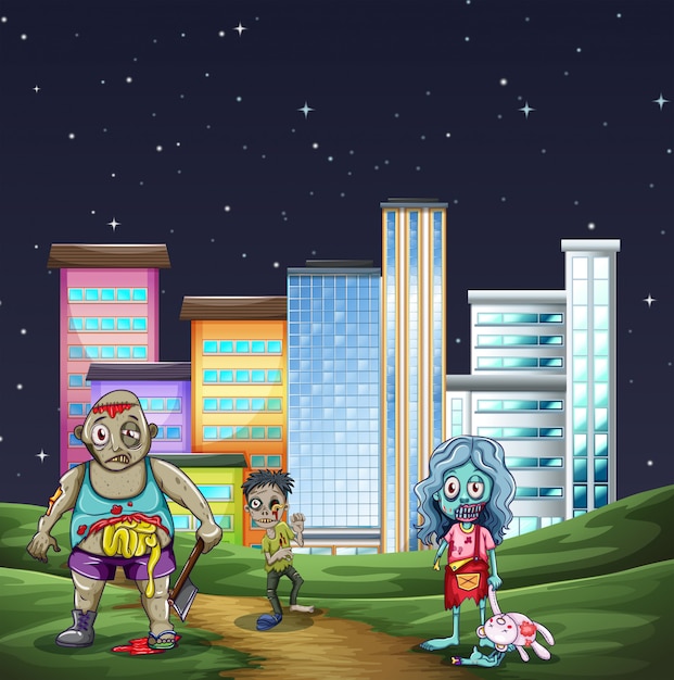 Trois Zombies Marchant Dans Le Parc La Nuit
