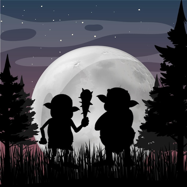 Trolls de silhouette avec fond de pleine lune