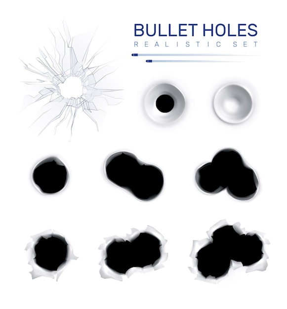 Vecteur gratuit trous de balle réalistes sertis de texte et d'images isolées de points de tir d'armes à feu d'illustration vectorielle de forme différente