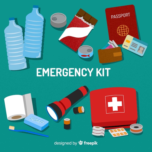 Vecteur gratuit trousse de survie d'urgence avec design plat