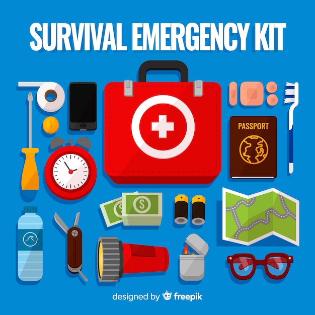 Vecteur gratuit trousse de survie d'urgence avec design plat