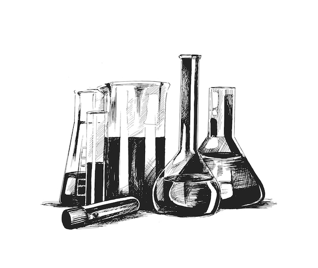 Vecteur gratuit tubes à essai isolés sur blanc verrerie de laboratoire illustration vectorielle de croquis dessinés à la main