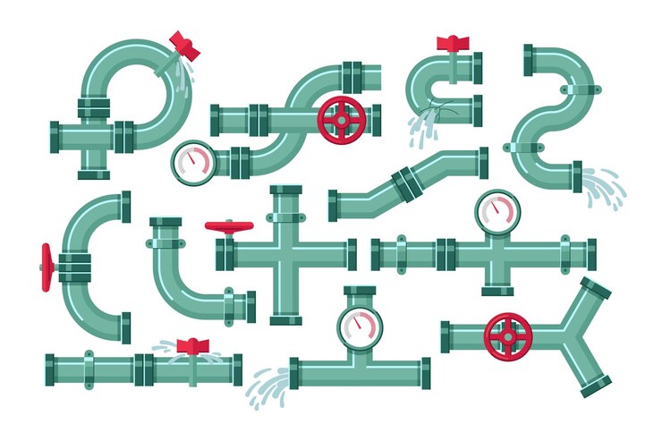 Vecteur gratuit tuyaux métalliques cassés avec fuite d'eau. illustrations vectorielles de pipelines industriels avec fuites. robinet de dessin animé, manomètre, valve ou tube qui fuit isolé sur blanc. concept de problème de plomberie
