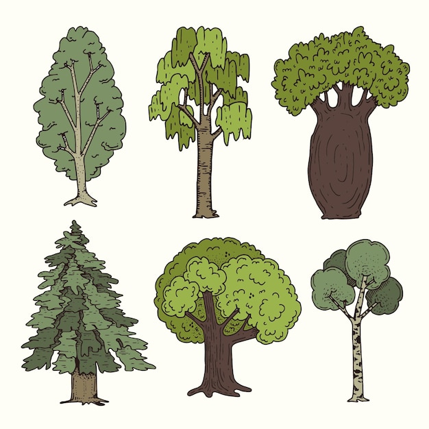 Vecteur gratuit type de collection d'arbres dessinés à la main