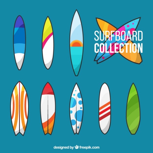 Vecteur gratuit type de planches de surf modernes dans des couleurs