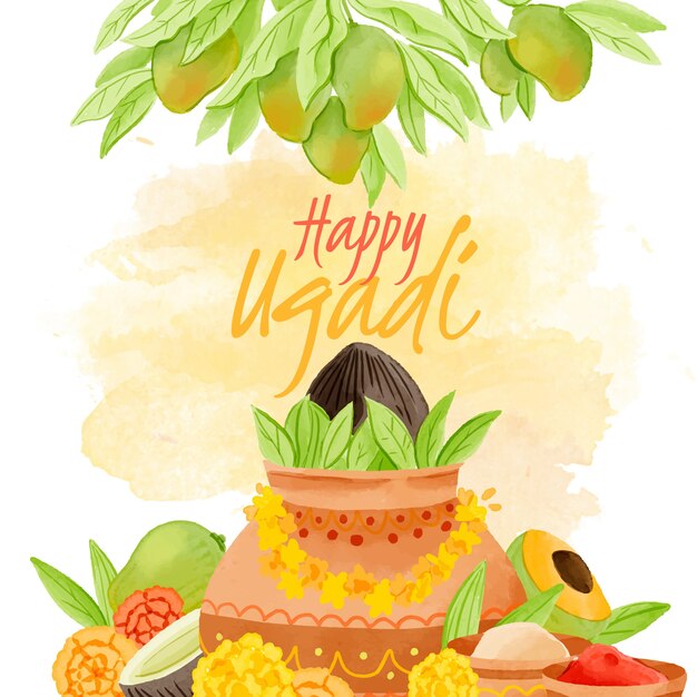 Vecteur gratuit ugadi aquarelle avec des plantes