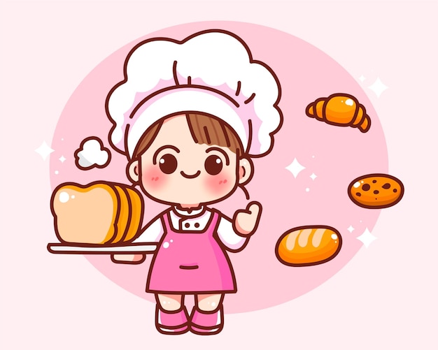 Uniforme de chef heureux fille mignonne tenant du pain cuisson boulangerie nourriture logo dessin animé dessinés à la main illustration d'art de dessin animé