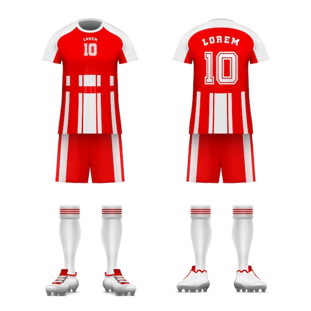 Vecteur gratuit uniforme de joueur de football réaliste serti d'images isolées de la suite de jeux de sport avec illustration vectorielle numéro et nom