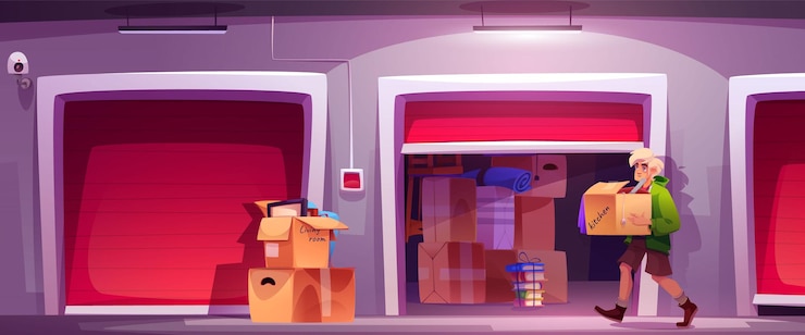 Vecteur gratuit unité de stockage avec boîte personne dans l'entrepôt