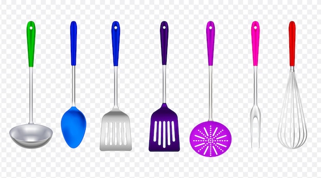 Ustensiles de cuisine en métal avec un ensemble réaliste en plastique coloré avec une spatule à écumoire à fourchette de cuisson transparente