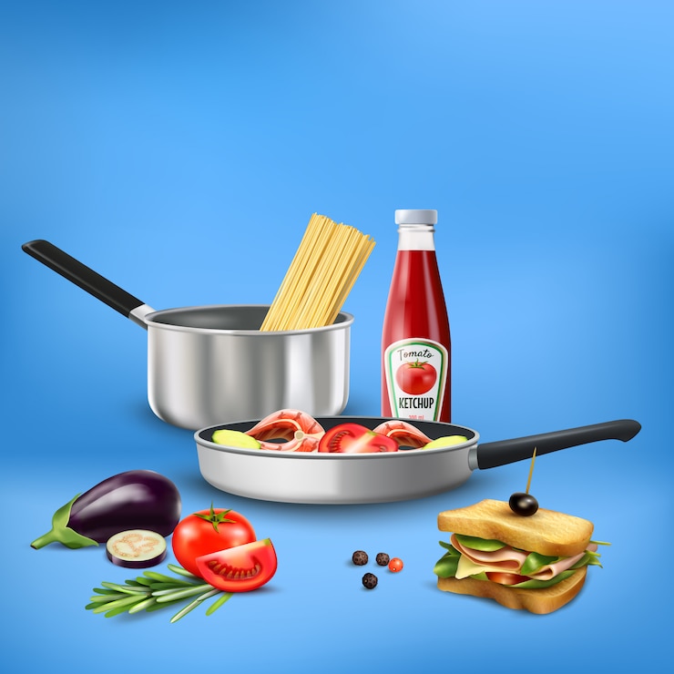 Vecteur gratuit ustensiles de cuisine réalistes avec des produits alimentaires pâtes légumes composition de poisson sur bleu