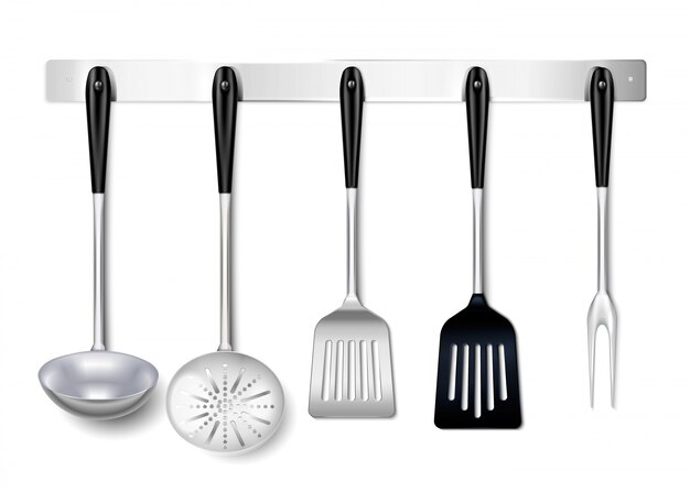 Ustensiles de cuisine ustensiles en métal suspendus rack closeup réaliste avec louche spatule skimmer fourchette de cuisson
