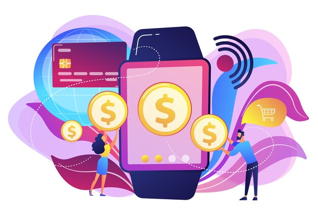 Les utilisateurs achètent et effectuent des paiements sans contact avec smartwatch. Paiement Smartwatch, technologie NFC et concept de paiement NFC sur fond blanc. Illustration isolée violette vibrante lumineuse
