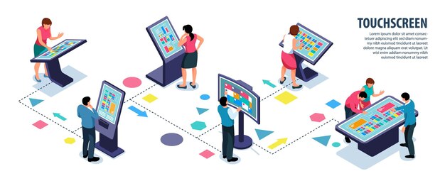 Utilisateurs interactifs isométriques avec écran tactile et illustration d'infographie