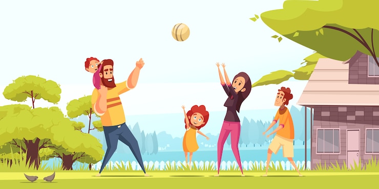 Vecteur gratuit vacances actives en famille parents heureux avec des enfants pendant le jeu de balle au dessin animé en plein air d'été