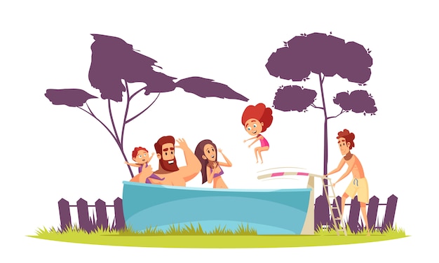 Vecteur gratuit vacances d'été actives en famille parents et enfants dans la piscine avec plongeoir cartoon
