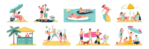 Vecteur gratuit des vacances d'été en appartement, des gens qui se reposent, qui prennent le soleil, qui nagent, qui se détendent sur une plage de sable, illustration vectorielle isolée.