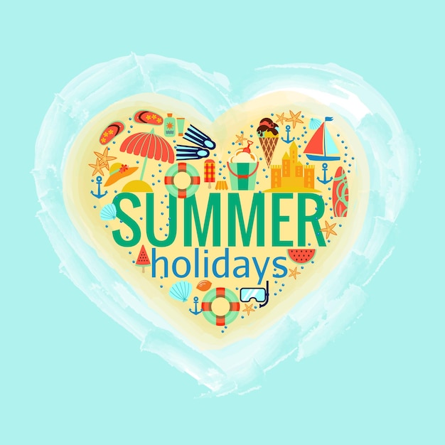 Vecteur gratuit vacances d'été en forme de coeur avec illustration d'accessoires d'été