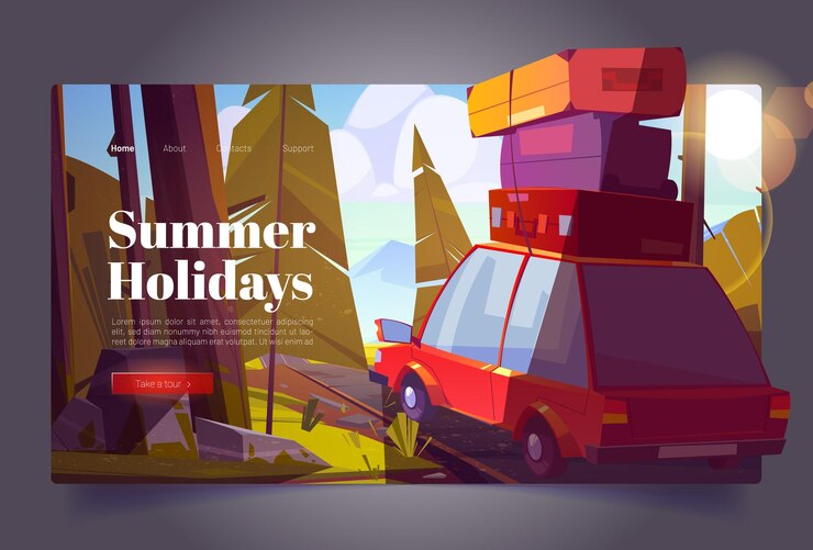 Vecteur gratuit vacances d'été page de destination de dessin animé voyage en voiture voyage en forêt en vacances voyage en automobile avec des sacs sur le toit allant sur une route de campagne avec des arbres autour du camping familial