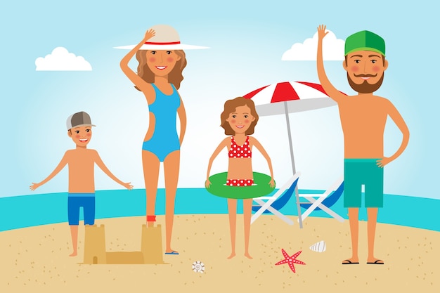 Vacances en famille. Illustration vectorielle de famille à la plage