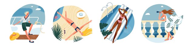 Des vacances relaxantes à la mer de filles heureuses définissent une jeune femme mignonne prenant un bain de soleil sur une plage tropicale de sable nageant dans une piscine debout sur une terrasse avec des jumelles profitant d'une croisière de luxe
