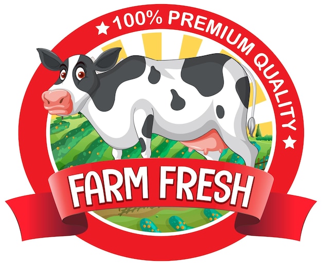 Vecteur gratuit une vache avec une étiquette farm fresh