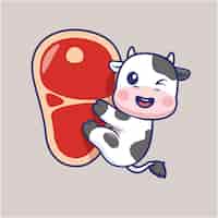 Vecteur gratuit vache mignonne accrochée à la viande steak cartoon vector icon illustration nourriture animale icône concept isolé